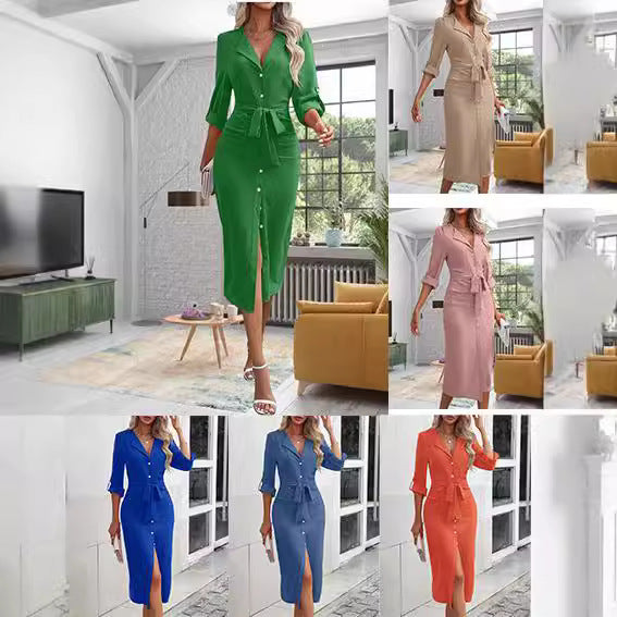Women's Solid Color Polo Collar Temperament Split Dress