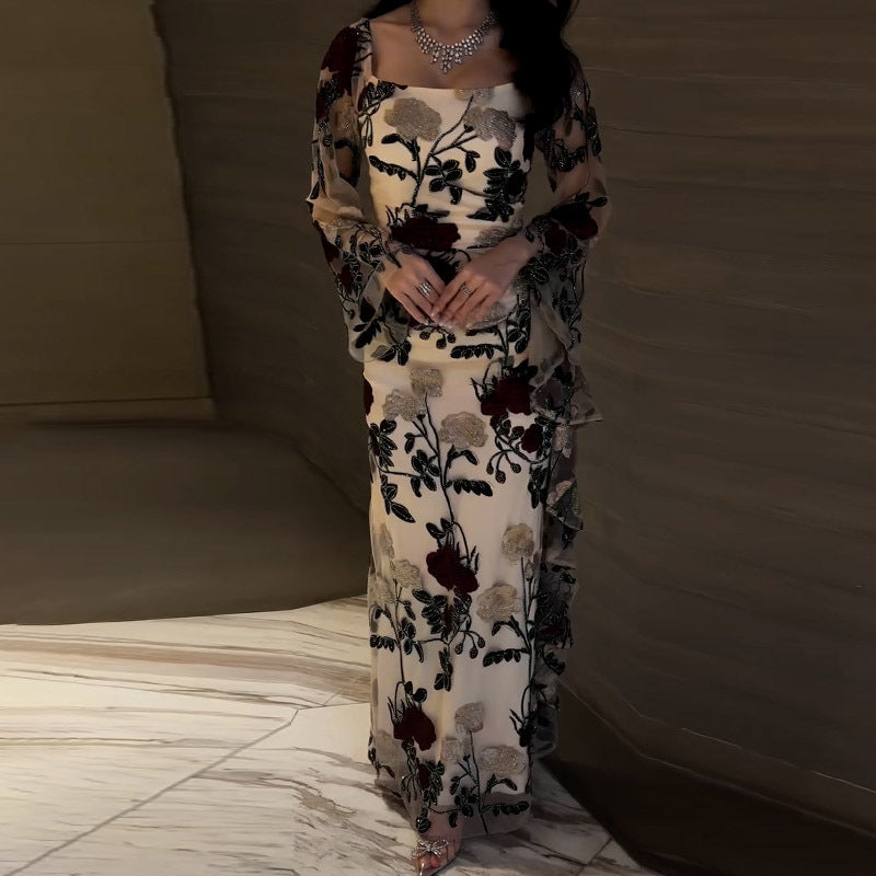 Yarn-dyed Rose Flower Black Bottom Soft Gauze Lace Dresses