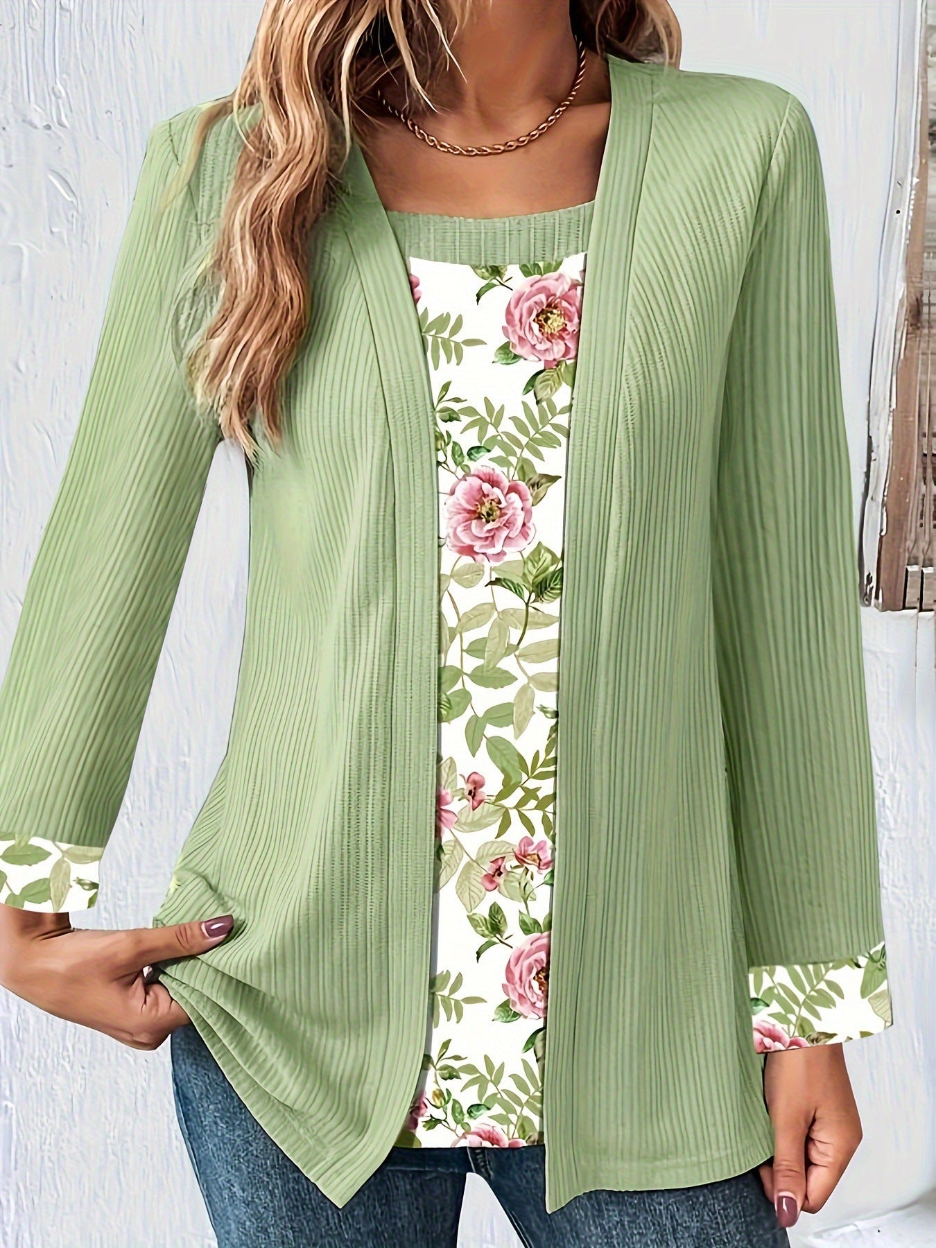Women's Solid Color Printing Stitching Faux Two-piece Set Women's T-shirt