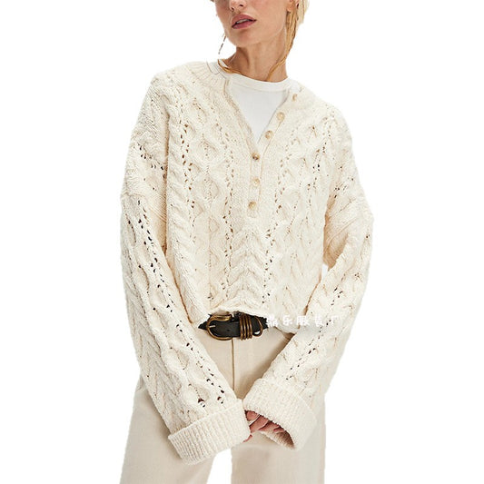 Women's Button Cable Loose-fitting Solid Color Pullover Sweaters
