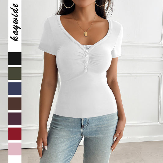 Women's Style Sweet Spicy Solid Color Slim Lace Stitching Women's T-shirt