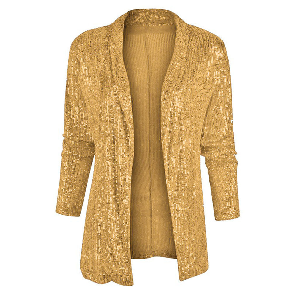 Women's Spring Sequined Long Sleeve Elegant Mid-length Small Polo Collar Blazers