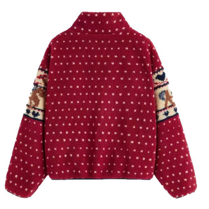 Christmas Snowflake Moose Zipper Pocket Woolen Coats