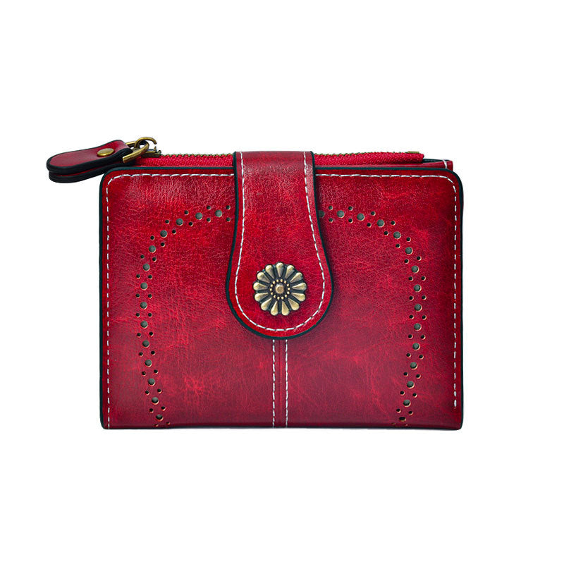 Women's Oil Leather Retro Short Zipper Hollow Ladies Wallets