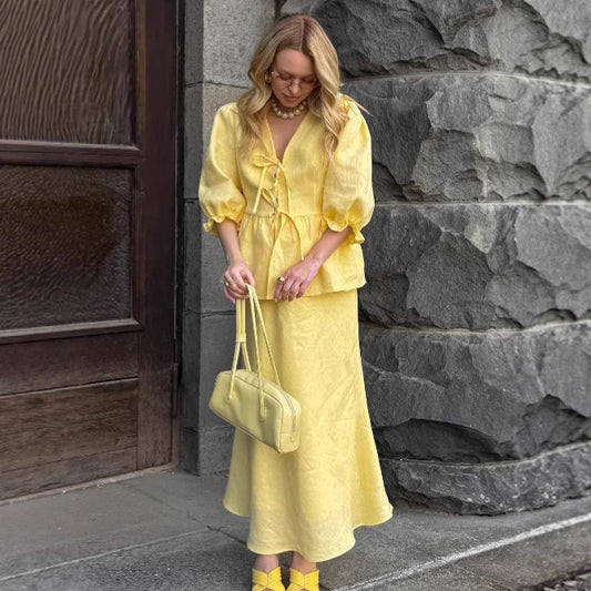 Women's Casual Cotton Linen Puff Sleeve Autumn Design Suits