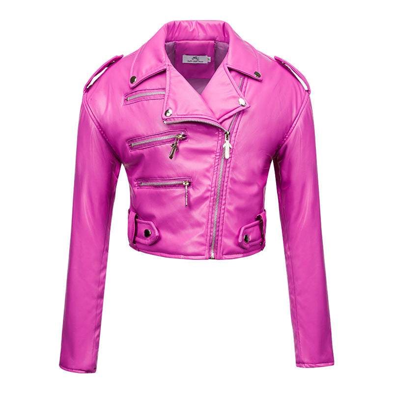 Women's Leather Long-sleeved Lapel Oblique Zipper Motorcycle Jackets