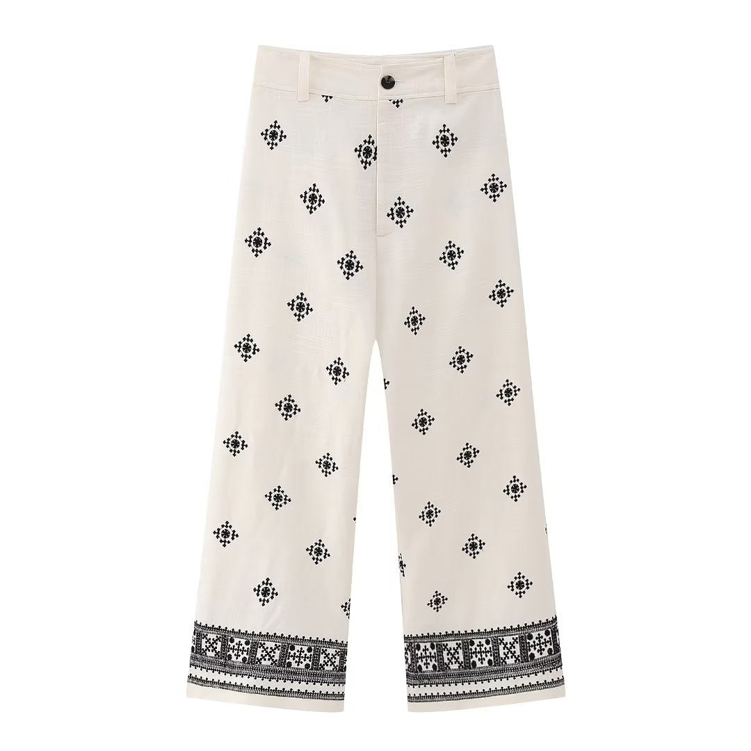 Women's Fashion Wear Geometric Embroidery Straight Trousers Pants