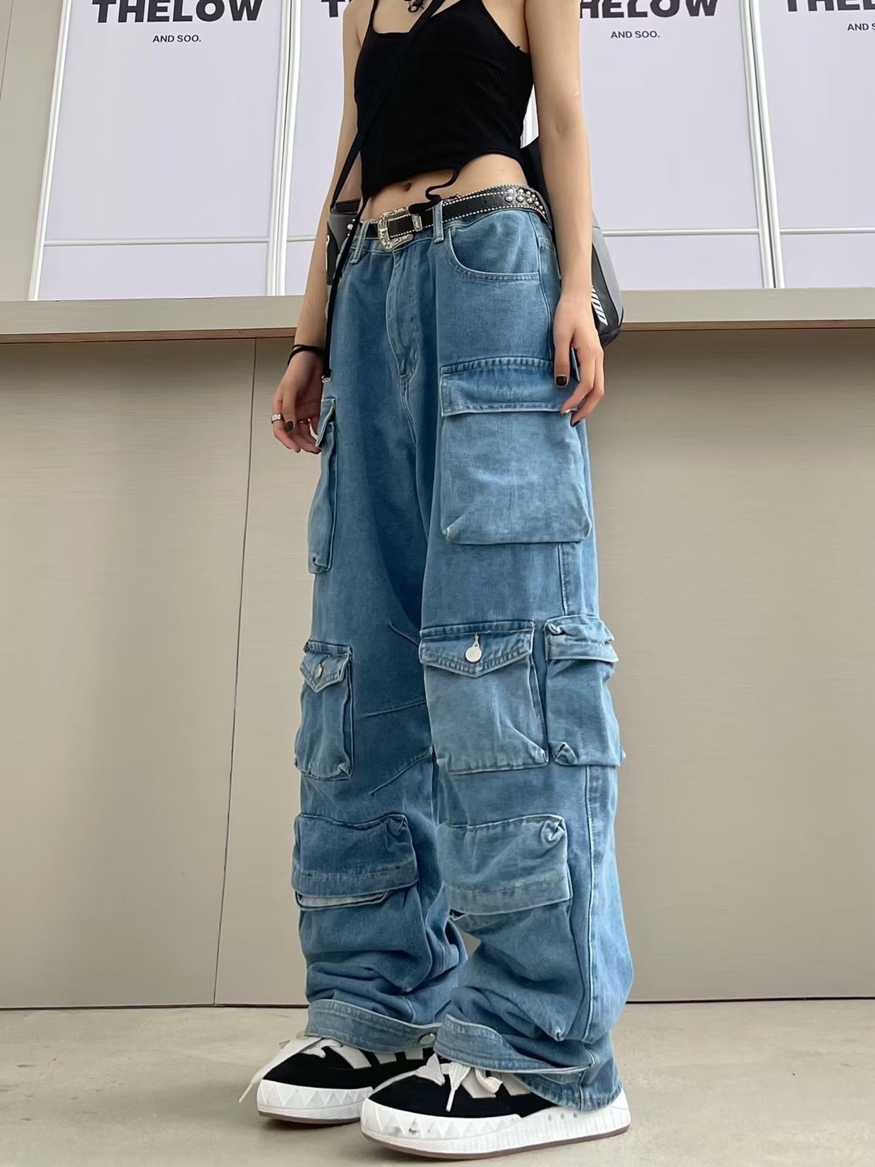 Women's Zipper Light Color Water Scrubbing Overalls Trousers Jeans