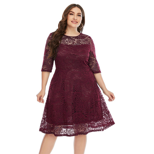 Women's Round Neck Lace Mid-length Formal Dress Dresses