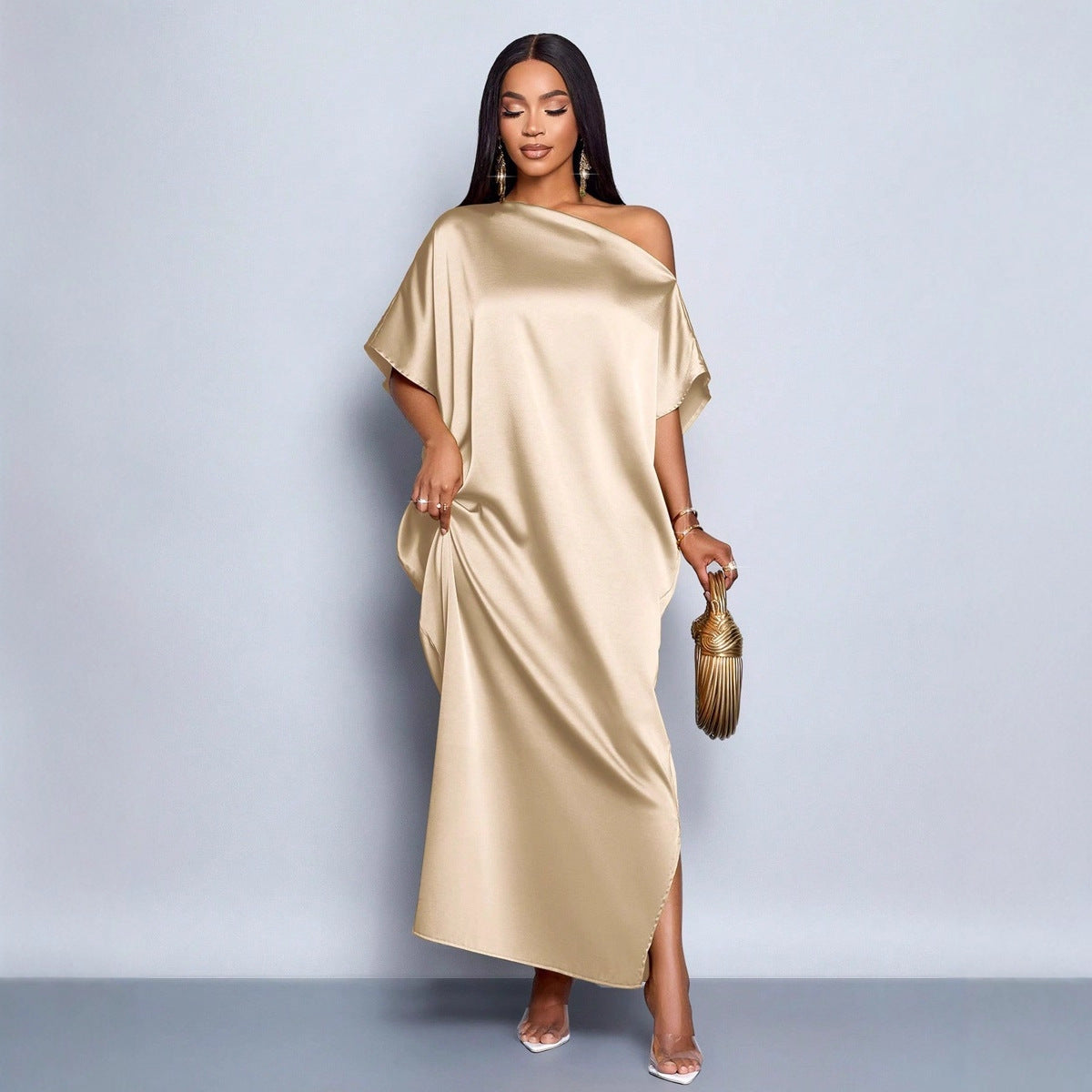 Women's Early Autumn Satin Dress Yellow Long Dresses