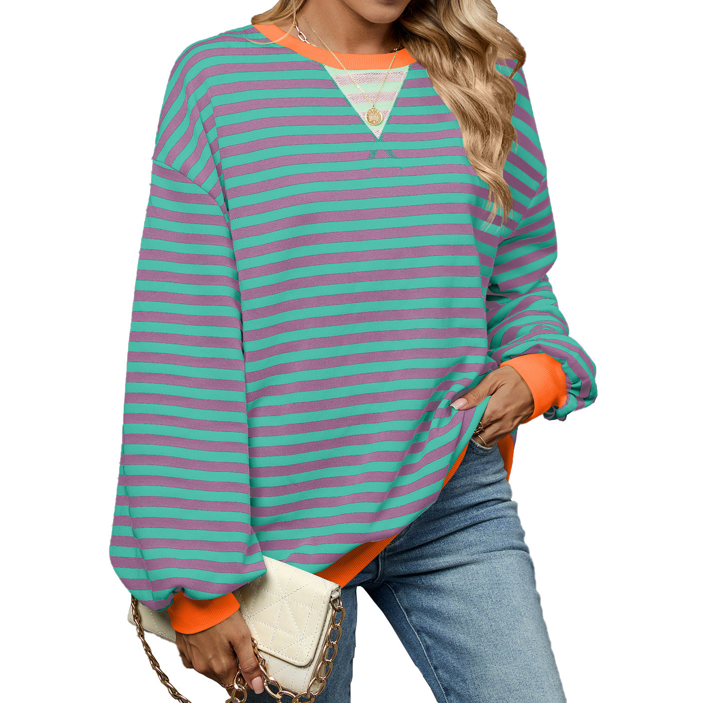 Women's Color Contrast Patchwork Loose Long Sleeve Striped Round Neck Sweaters