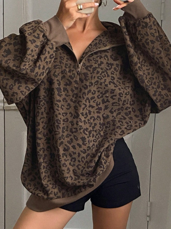 Style Stand Collar Sunken Stripe Leopard Sweaters