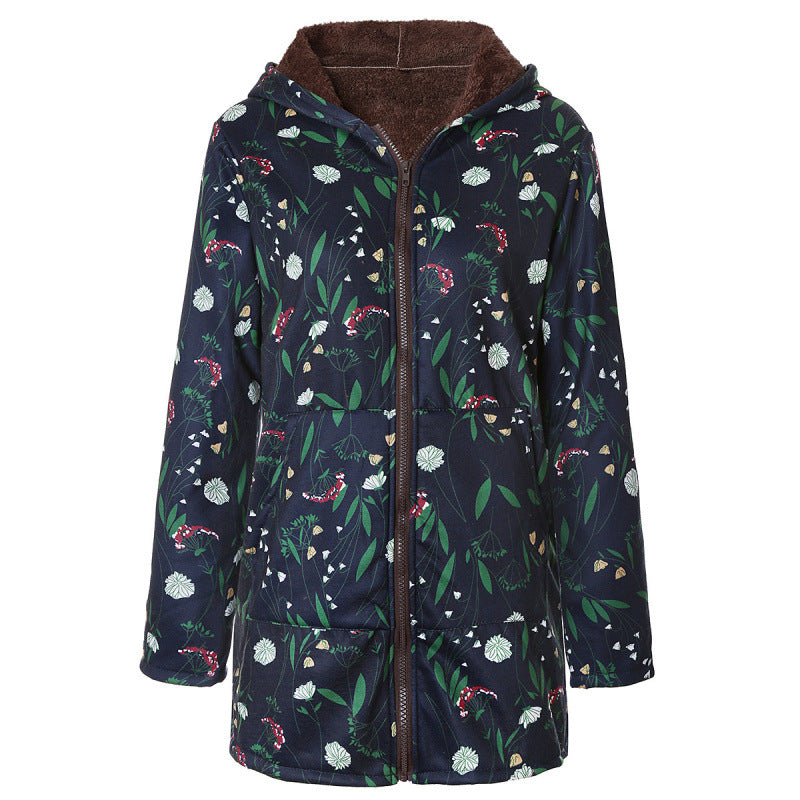 Women's Long-sleeved Zipper Hooded Thickened Composite Printed Dresses