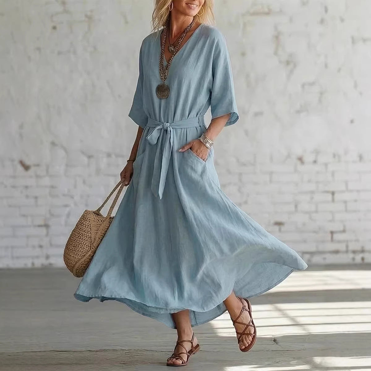 Solid Color Sleeve Vacation Style Loose Dress