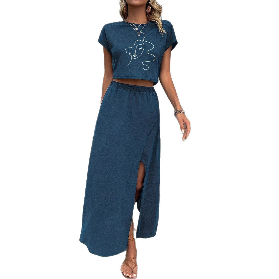 Women's Printed T-shirt Sexy Slit Two-piece Set Fashion Casual Suit