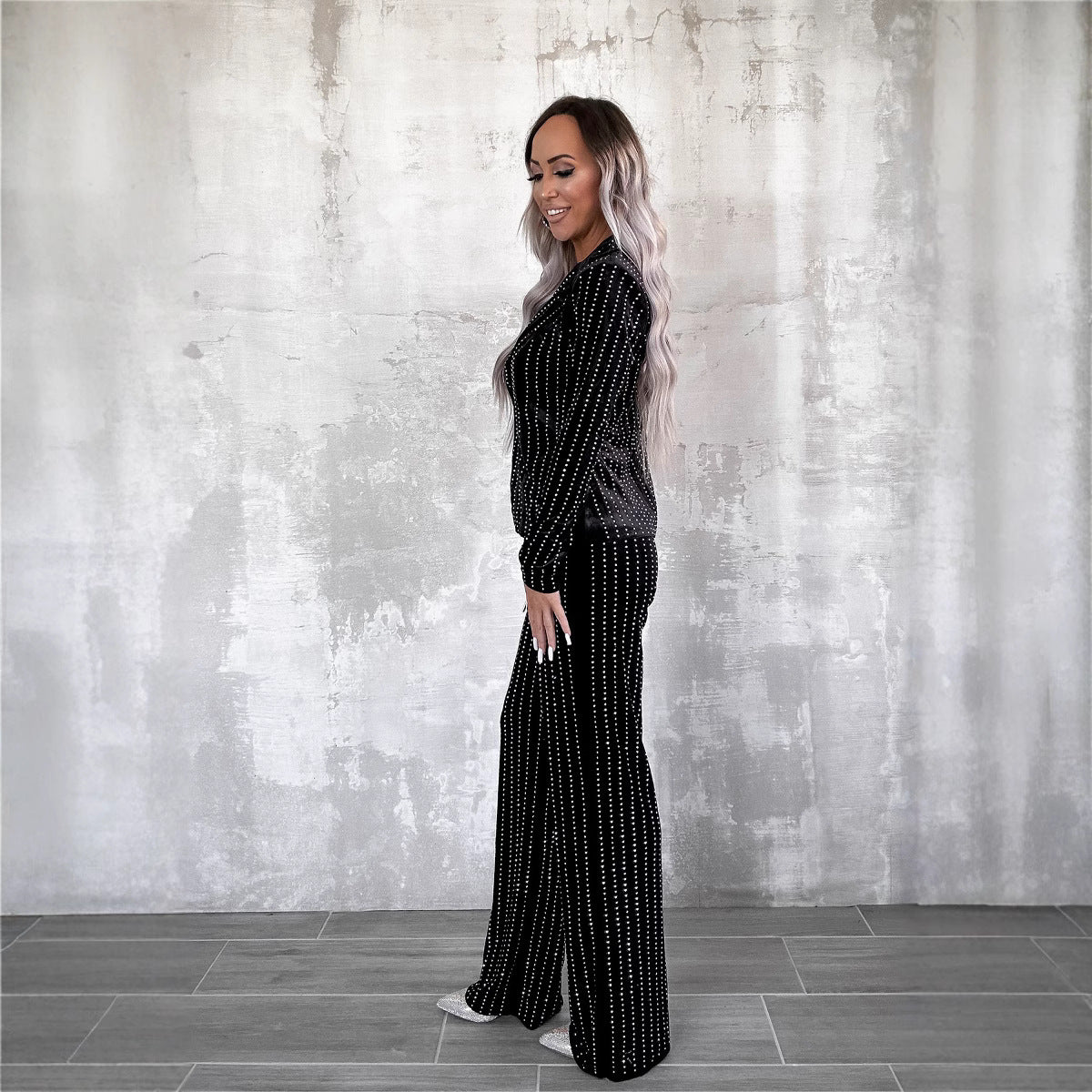 Women's Rhinestone Veet One Button Long Sleeve Suits