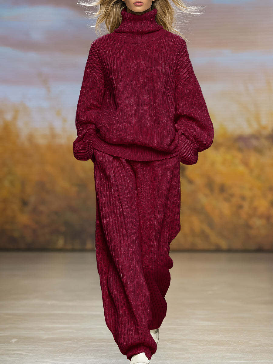 Leisure Knitted Loose Turtleneck Wide Leg Suits