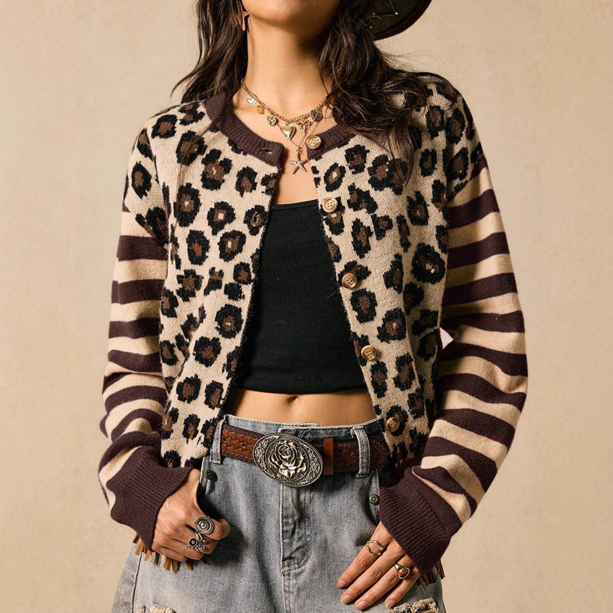 Women's Round Neck Striped Leopard Print Sweaters
