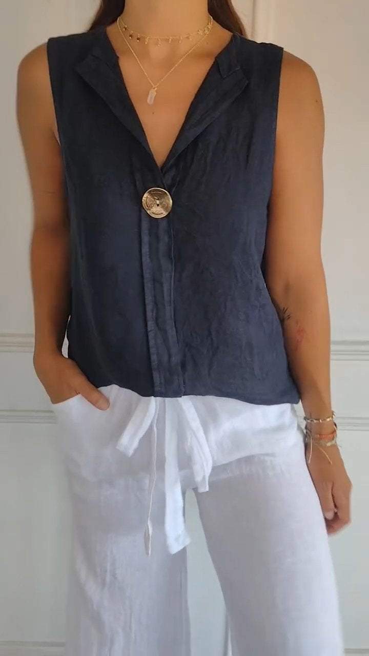 Women's Fake Collar Cotton Linen Sleeveless Casual Women's T-shirt