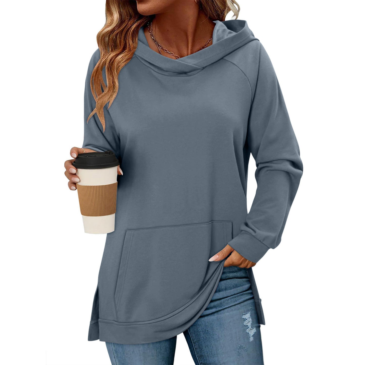 Women's Solid Color Hoodie Wipe Shoulder Long Sleeve Pocket Slit Hemline Women's Sweater, Sweater