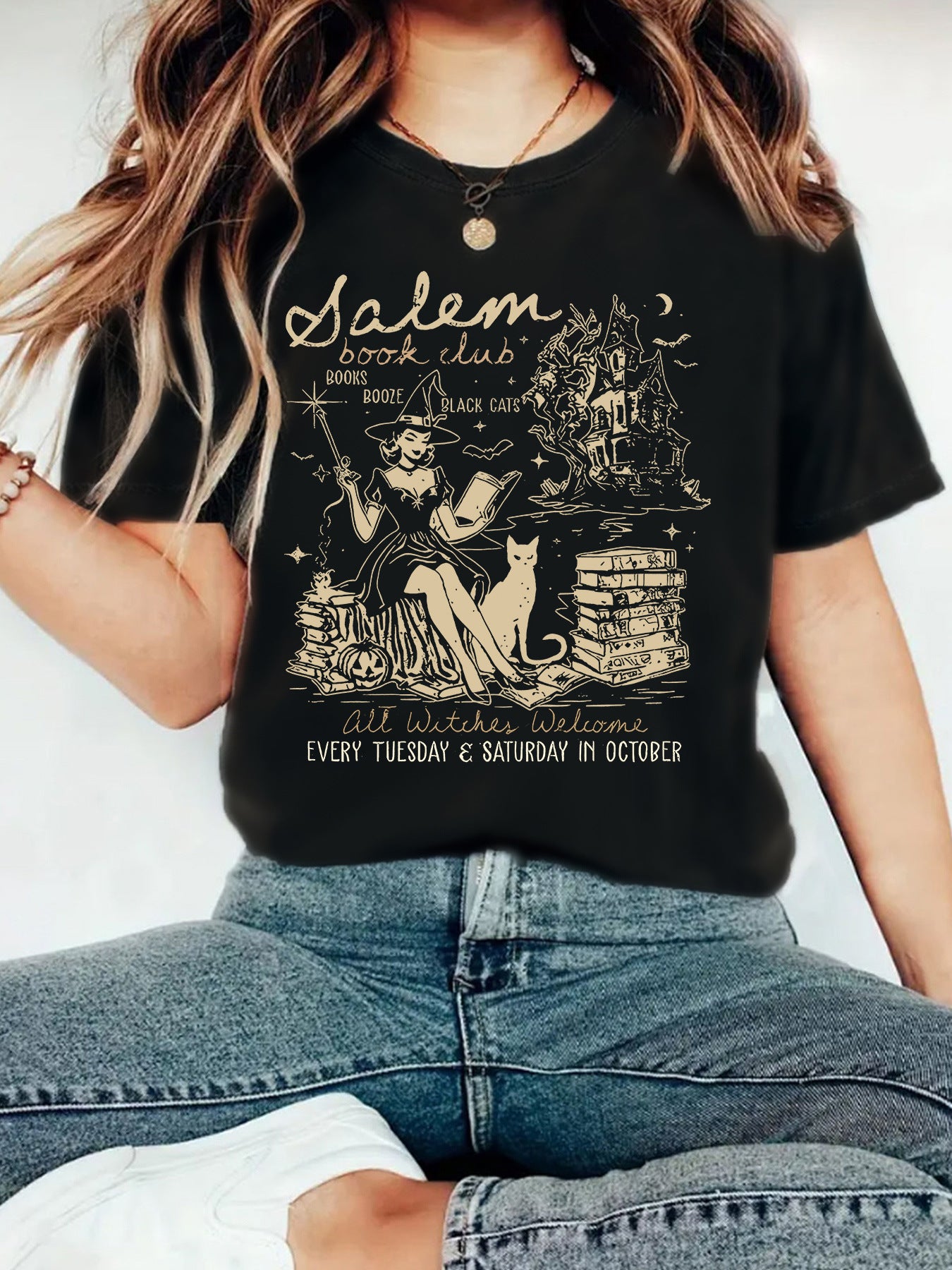 Women's Summer Salem Witch Pattern Halloween Printed Round Neck Women's T-shirt