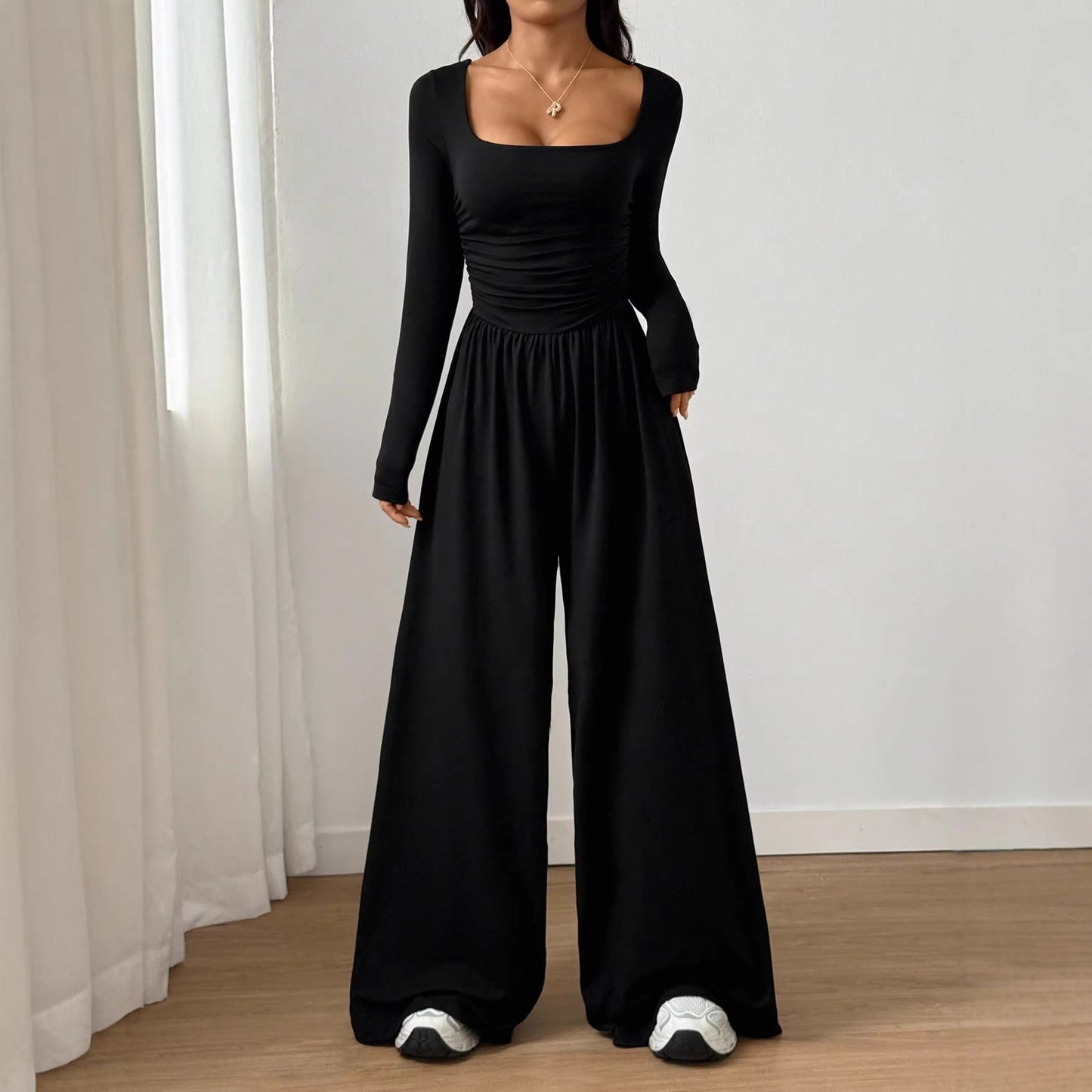 Women's Square Collar Long Sleeve Tight Waist Pants