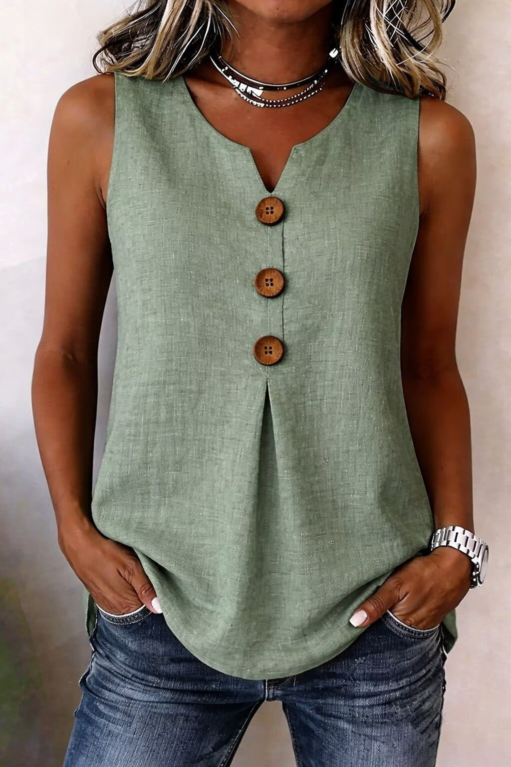 Classic Women's Cotton Linen Button Sleeveless Women's T-shirt