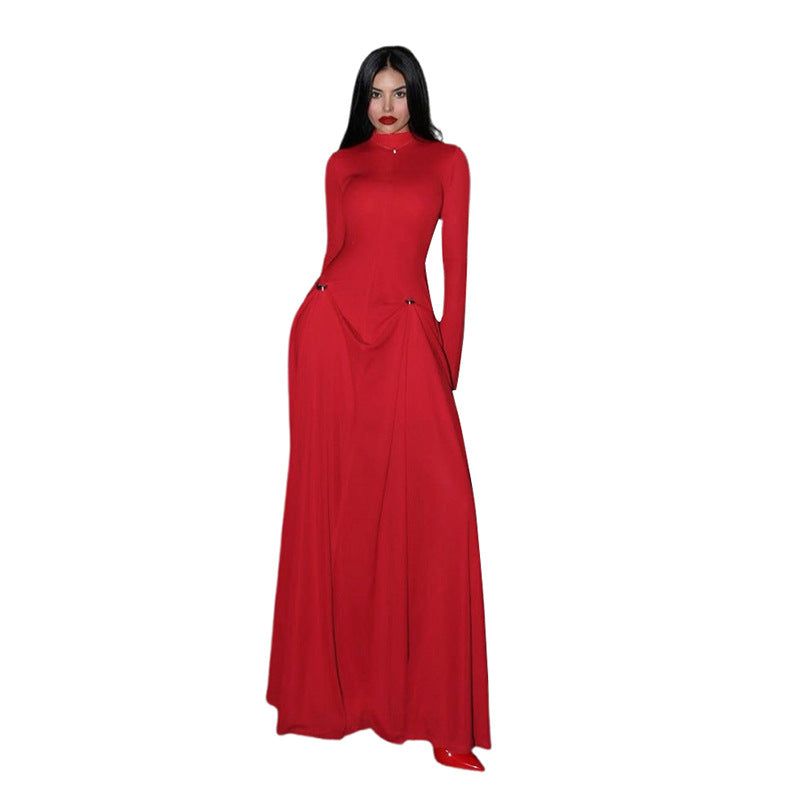 Women's Winter Elegant Pure Color Slimming Long Dresses