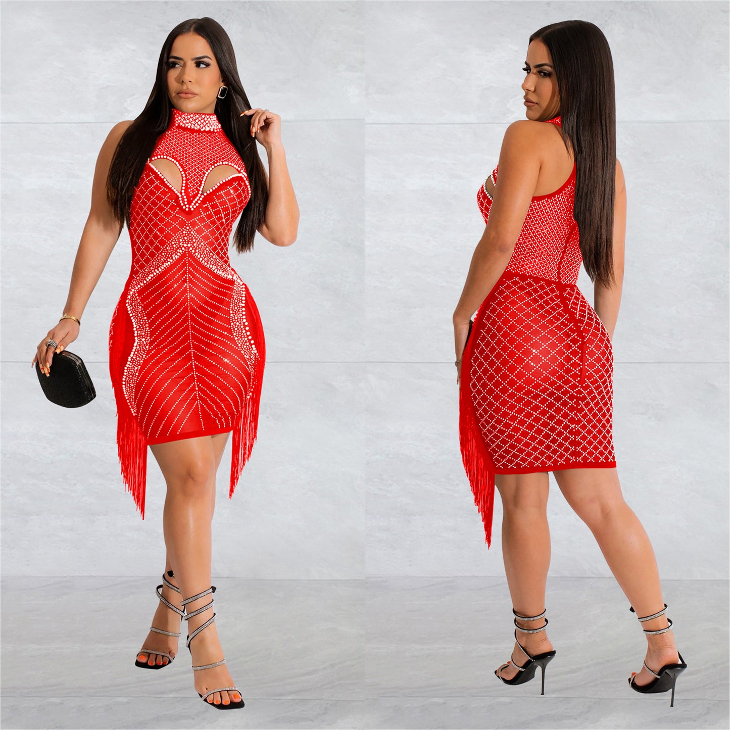 Women's Fashion Wear Pure Color Mesh Rhinestone Dresses