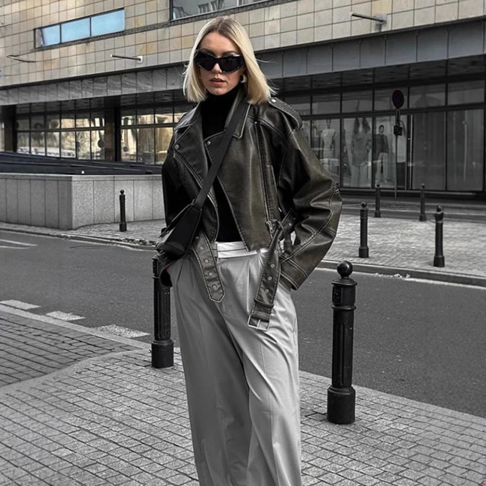 Women's Oblique Zipper Belt Lapel Leather Jackets