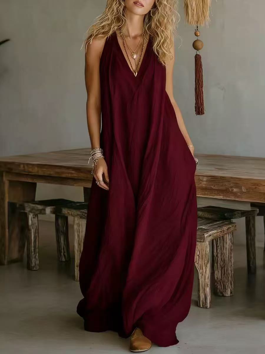 Women's Casual Sleeveless Loose Pockets Cotton Linen Jumpsuits