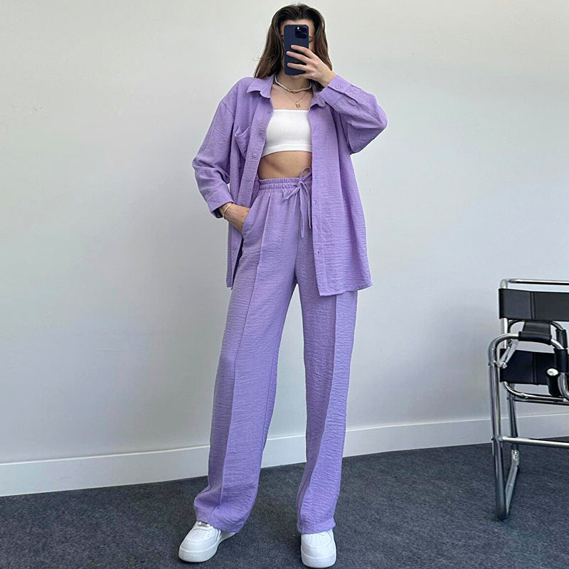 Women's Lady Loose Long-sleeved Shirt Trousers Two-piece Suits