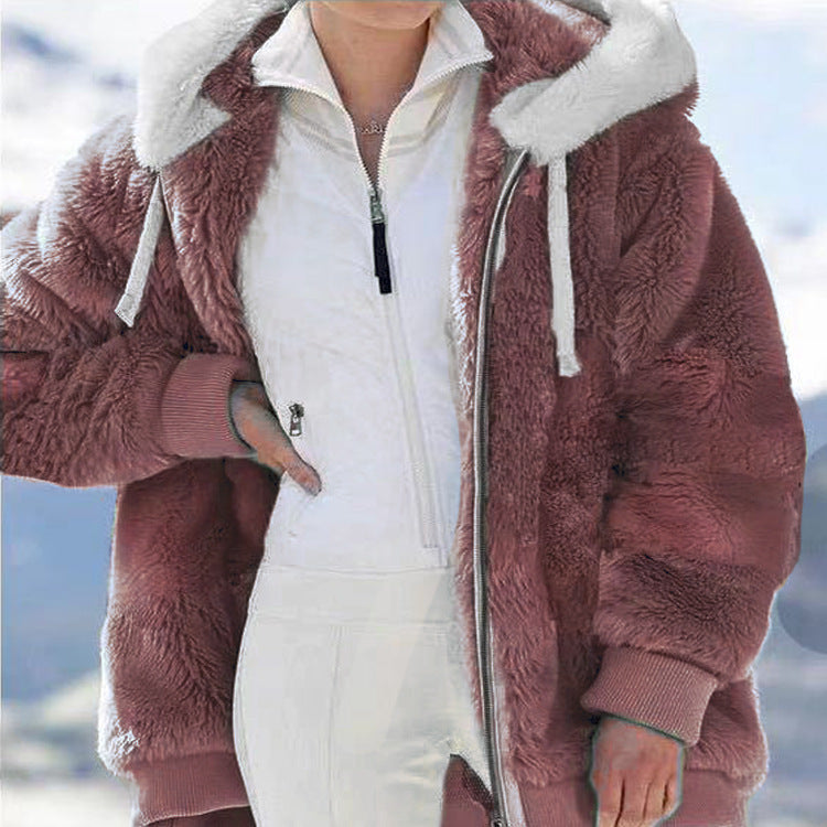 Women's Loose Plush Zipper Hooded For Sweaters
