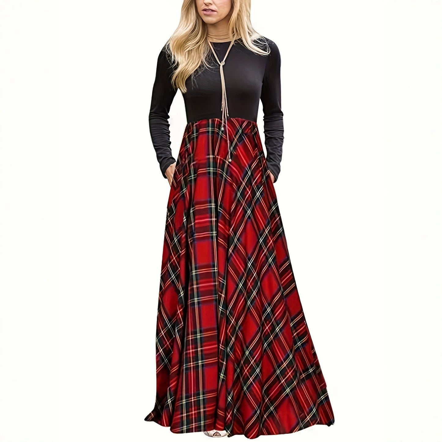 Women's Stitching Contrast Color Check Fashion Casual Dress