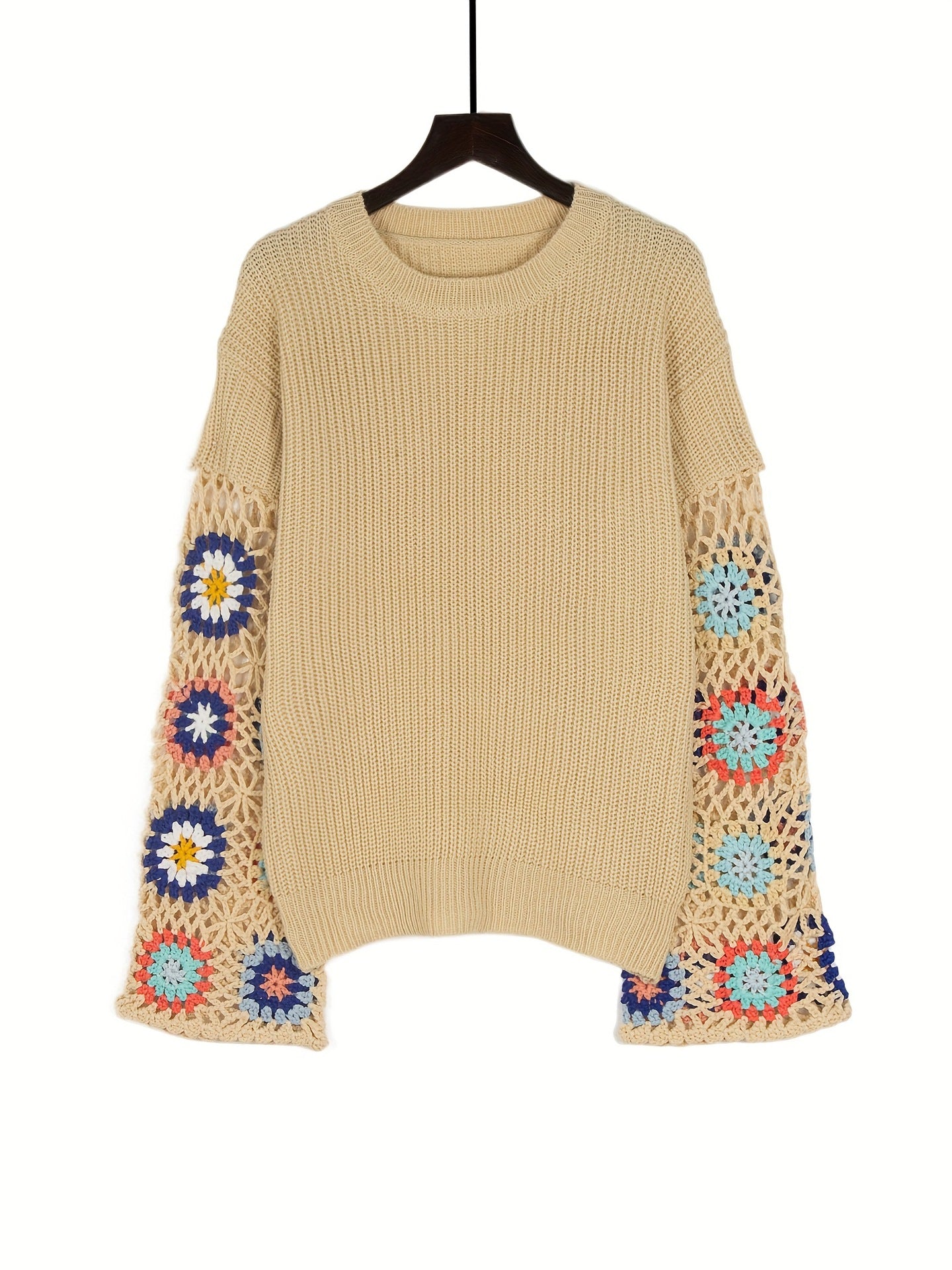 Women's Hollow Mixed Color Crocheted Round Neck Sweaters