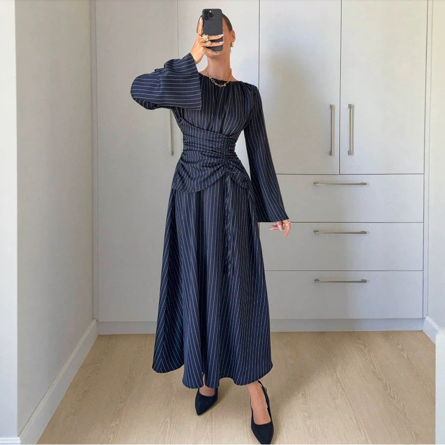 Vertical Stripes Long Sleeve Round Neck Pleated Nipped Waist Slimming Dress