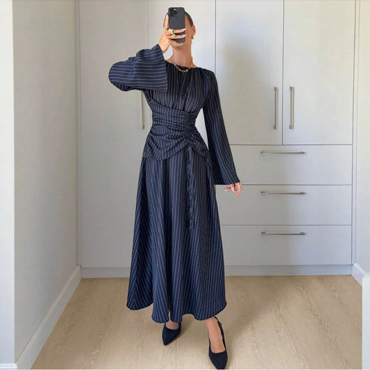 Vertical Stripes Long Sleeve Round Neck Pleated Nipped Waist Slimming Dress