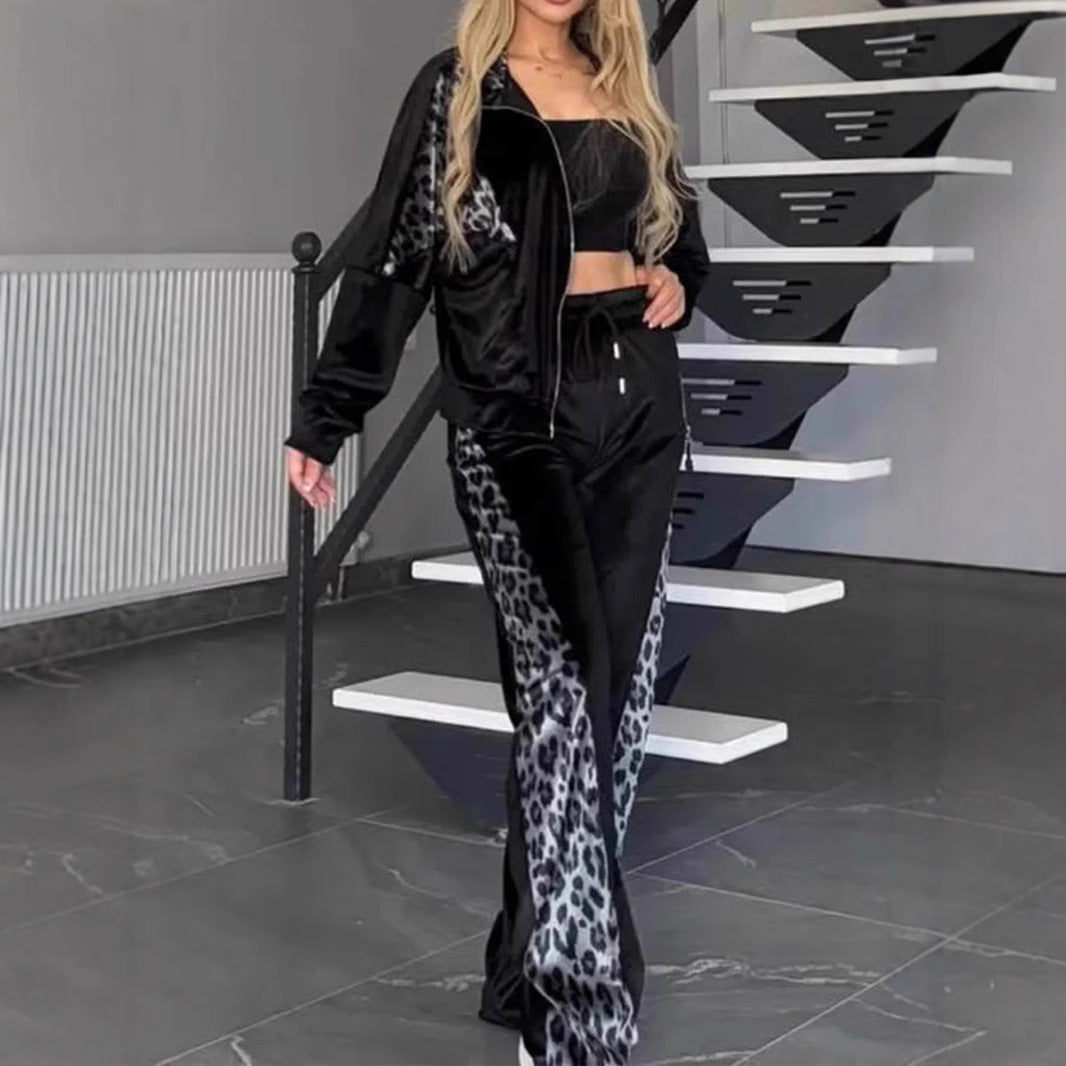 Leopard Print Contrast Color Trousers Long Suits