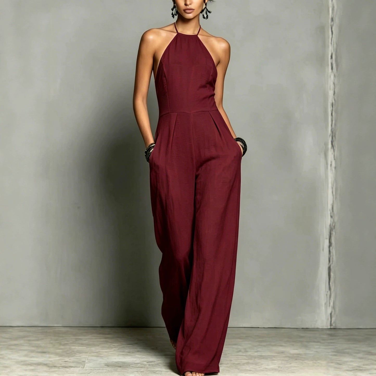 Women's Vacation Style Pleated Halter Backless Wide Women's Jumpsuit/clothing