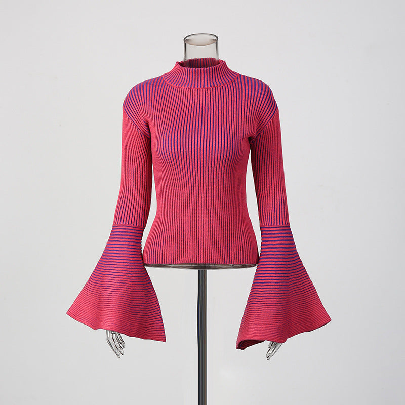 Color Round Neck Striped Design Large Sweaters