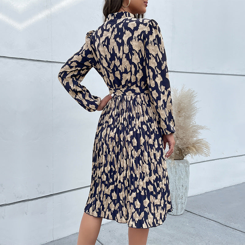 Women's Autumn Pleated Print Long-sleeved Dress Dresses