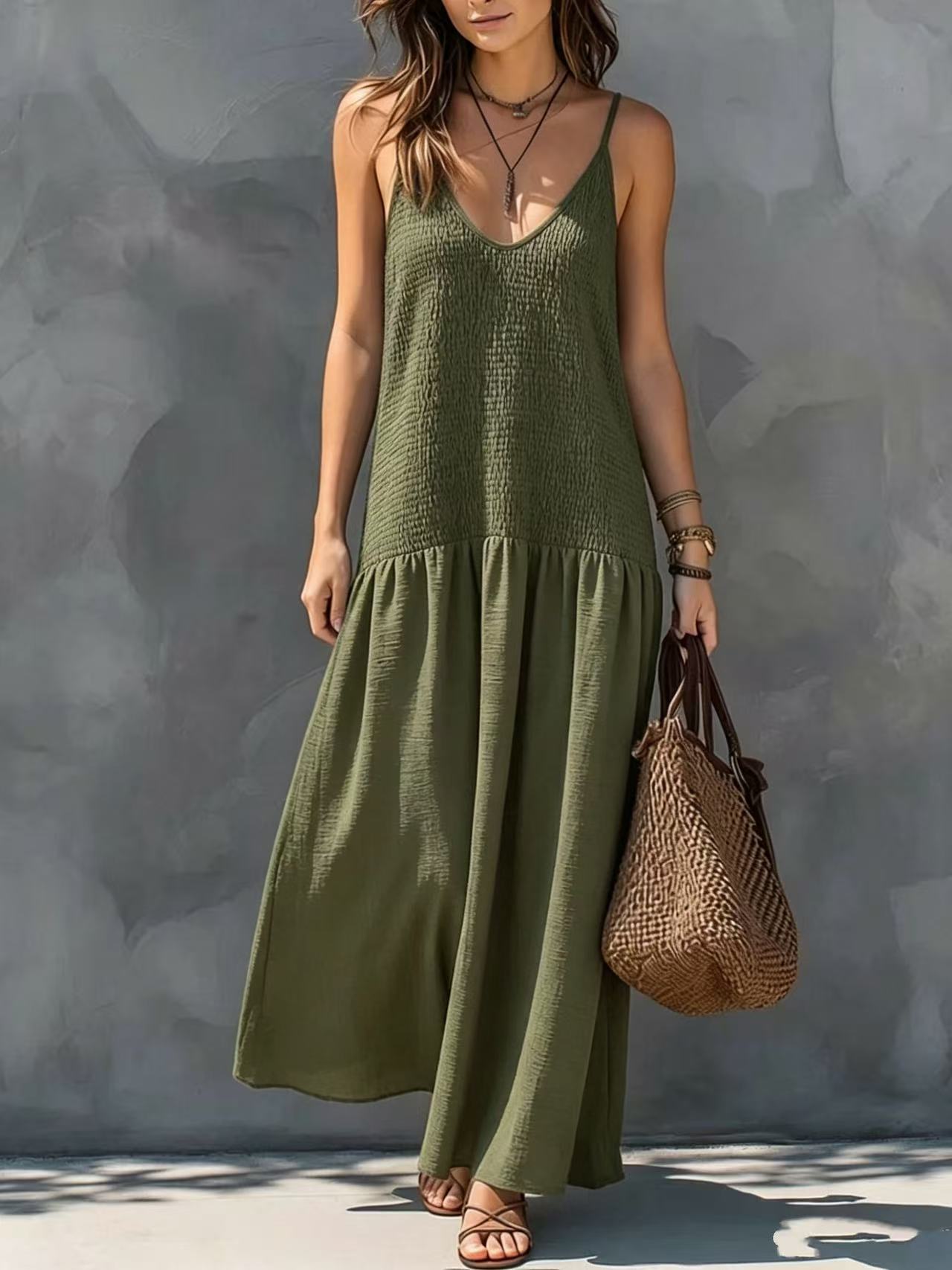 Retro Bohemian Style Backless Smocking Design Strap Long Dress