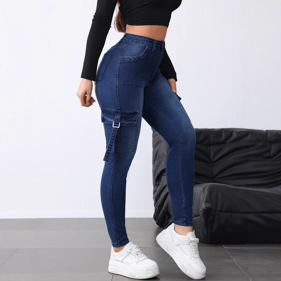Women's Skinny Flip Elastic Casual Wear Tooling Jeans