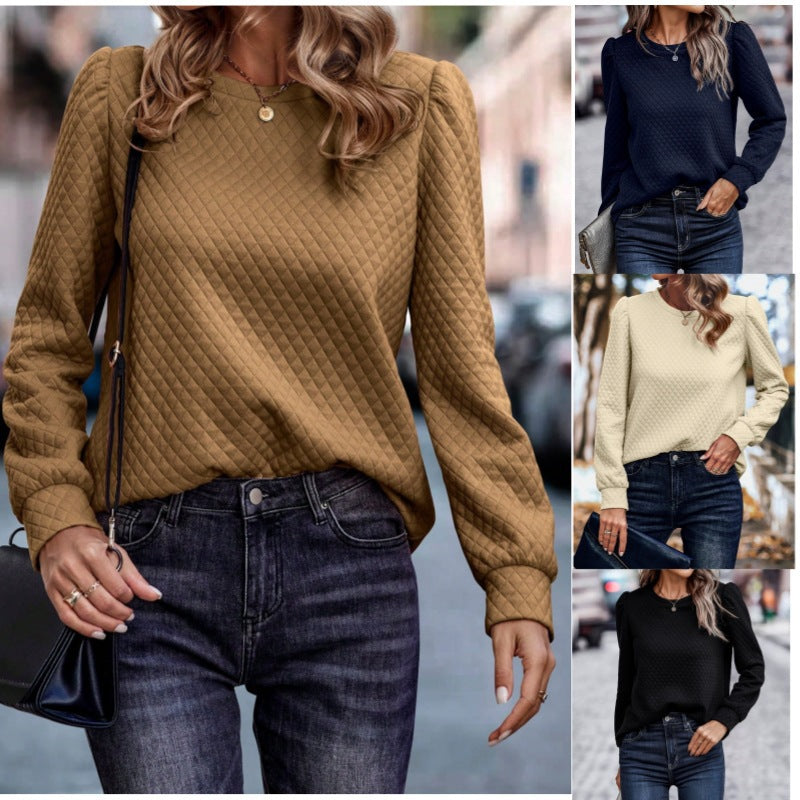 Women's Plaid Puff Sleeve Comfort Casual Women's Sweater, Sweater