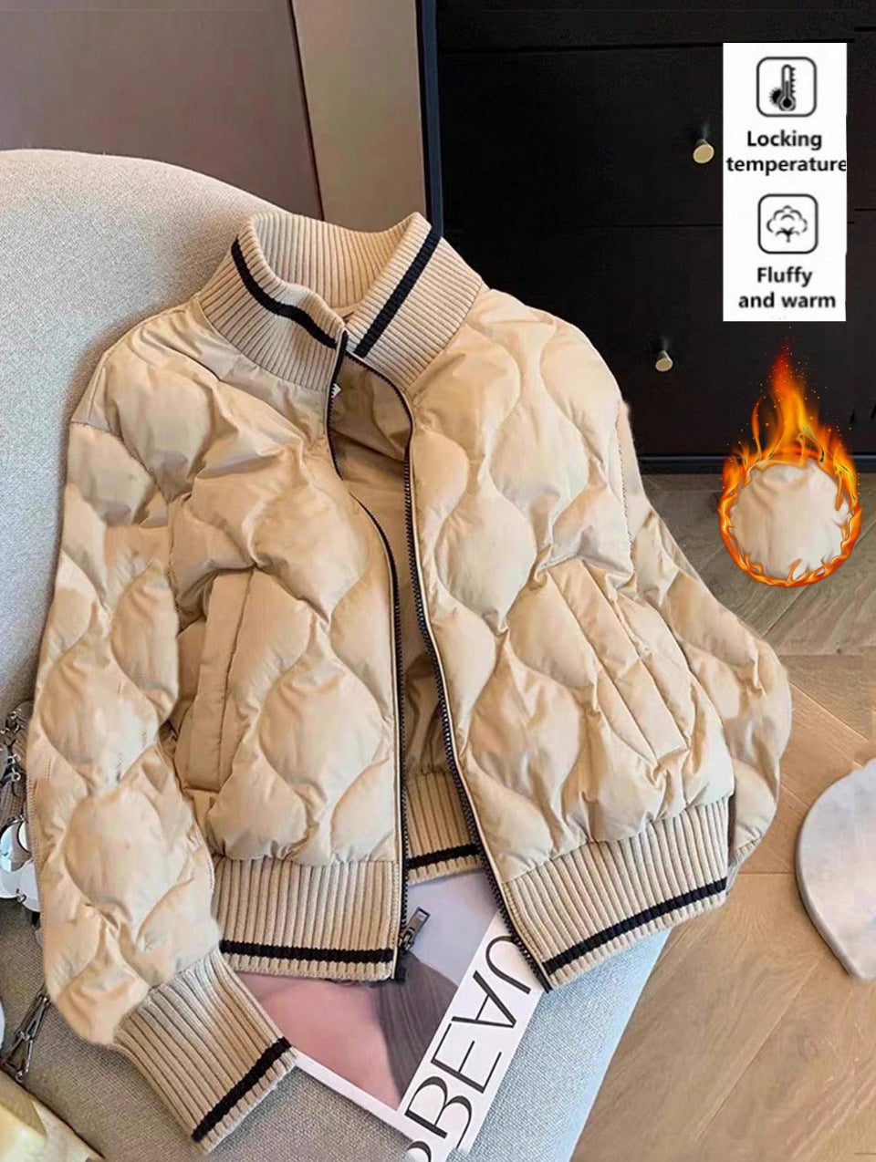 Women's Stand Collar Rhombus Design Baseball Casual Clothing