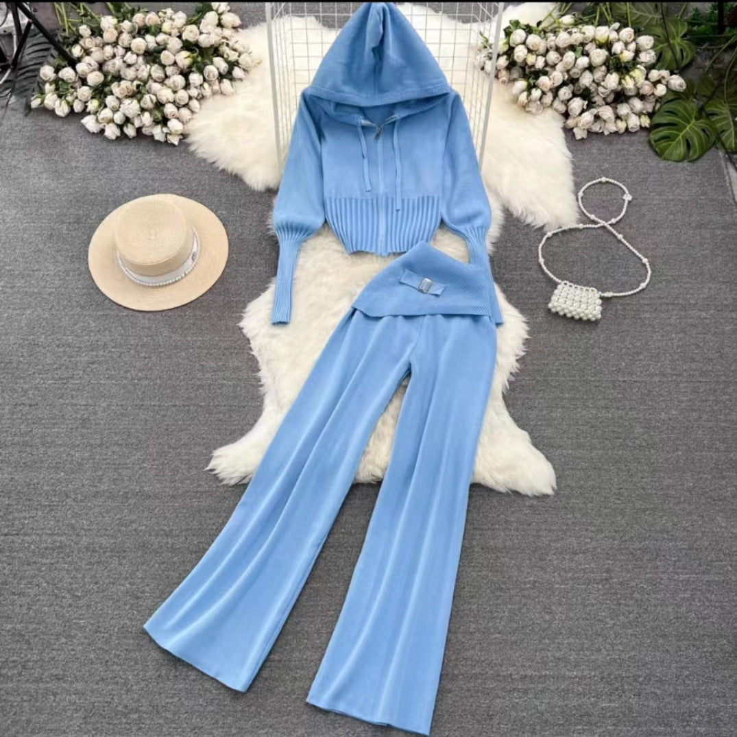 Women's Zipper Slim Fit Knitted Hooded Two-piece Set Suits