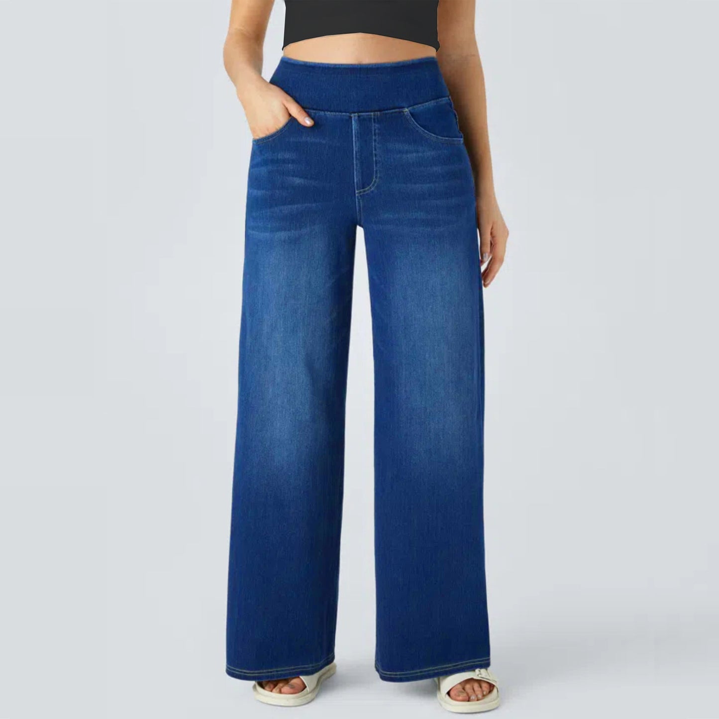 Women's Waist Wide Leg Elastic Straight Slimming Loose Jeans