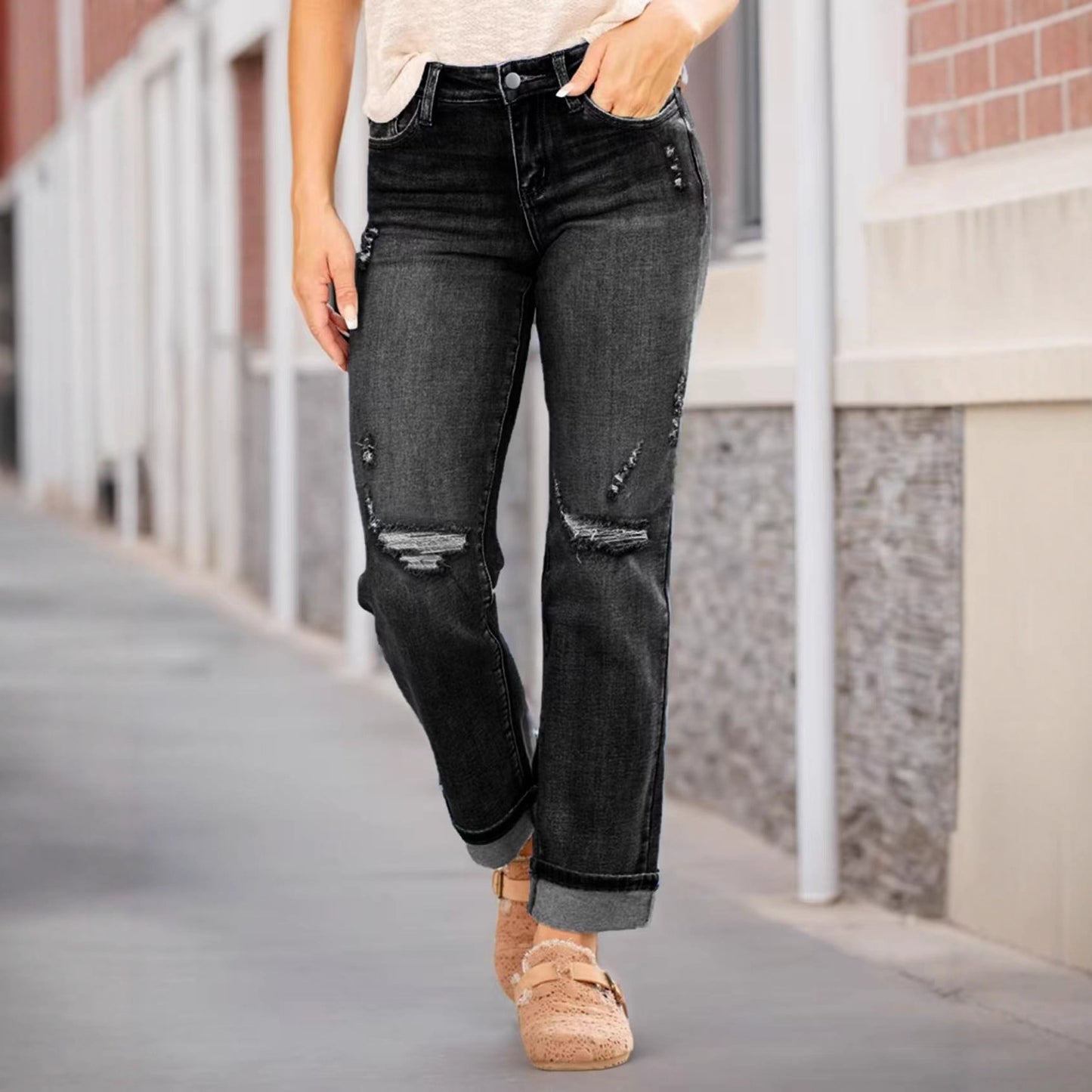 Women's Comfortable Ripped Elastic Straight Denim Trousers Women's Jeans