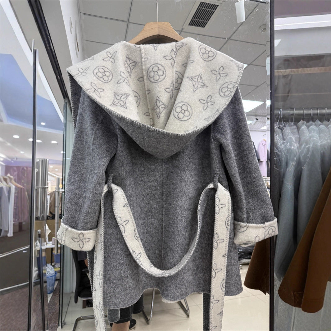 Women's Mid-length Jacquard Double-sided Wool Overcoat Hooded Coats