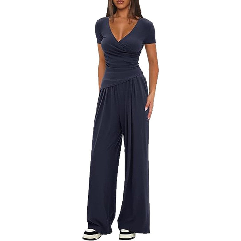Solid Color Warp Knitted Short-sleeved Matching Fashion Casual Suit